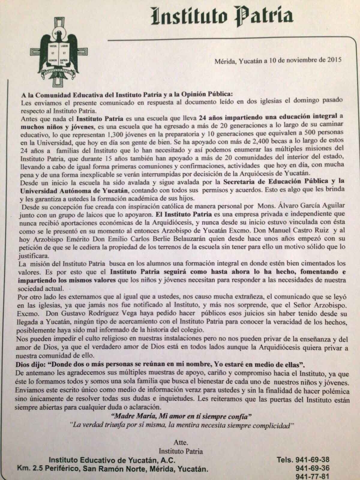 Instituto Patria responde a la arquidiócesis